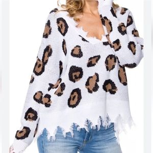 Lala Factory Leopard Print Distressed Frayed Oversized Sweater size S/M